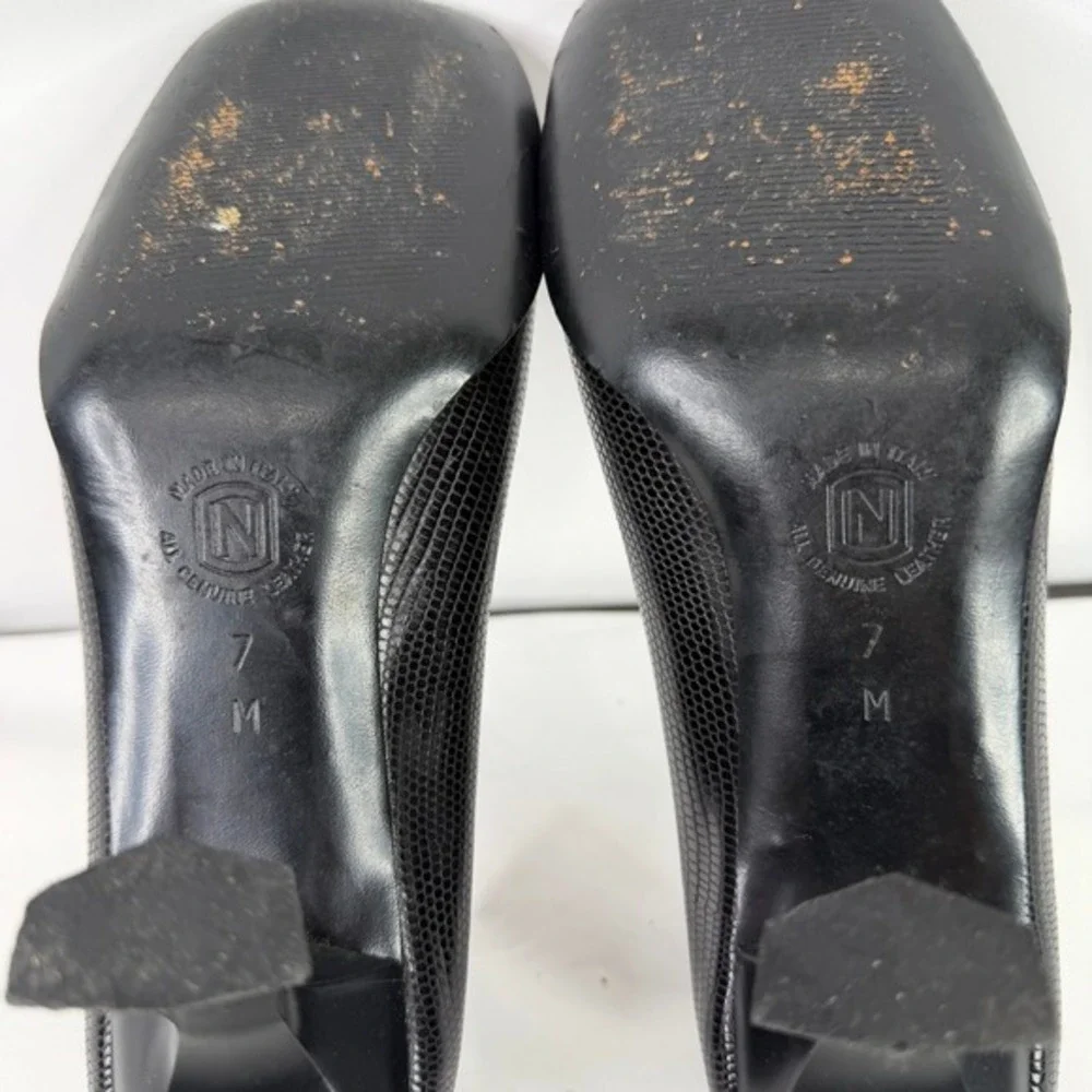 Classiques‎ Entier Black Lizard Embossed Leather Pumps Flared Heel Italy 7M